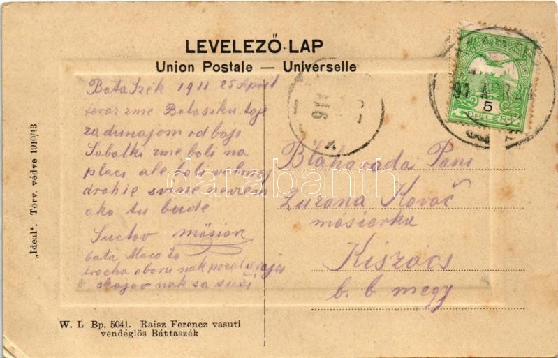 1911 Bátaszék, Pályaudvar, vasútállomás. 'Ideal' W.L. Bp. 5041. Raisz Ferenc vasúti vendéglős kiadása (EK) - Image 2