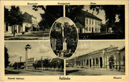 1943 Palánka, Bácspalánka, Backa Palanka; utca részlet, Országzászló, Posta, Tűzoltólaktanya, Kaszinó. Blazek József kiadása / street view, Hungarian flag, post office, firefighter barracks, casino (EK)