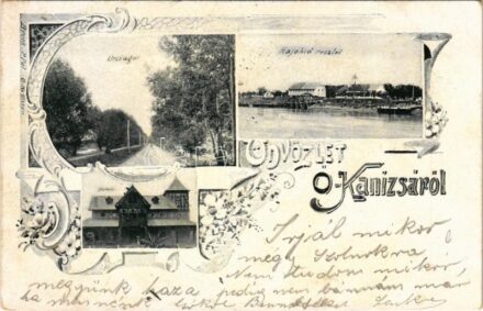 1902 Magyarkanizsa, Ókanizsa, Ó-Kanizsa, Stara Kanjiza; Országút, Hajóhíd, Népkert, vigadó. Bruck P. Pál kiadása / road, pontoon bridge, redoute. Art Nouveau, floral (fl)