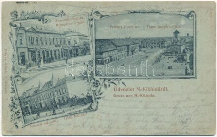 1900 Nagykikinda, Kikinda; Koronaherceg út, Frank Dezső üzlete, Ferenc József tér, Nemzeti szálloda. Johann Radak kiadása / street view, shops, square, hotel. Art Nouveau, floral (Rb)
