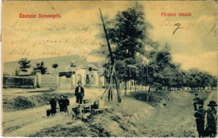 1907 Isaszeg, Fő utca, gyógyszertár. 2437. Haas Géza kiadása + 'KIRÁLYHÁZA - MISKOLCZ - BUDAPEST 350 B' vasúti mozgóposta bélyegző (ázott sarkak / wet corners)