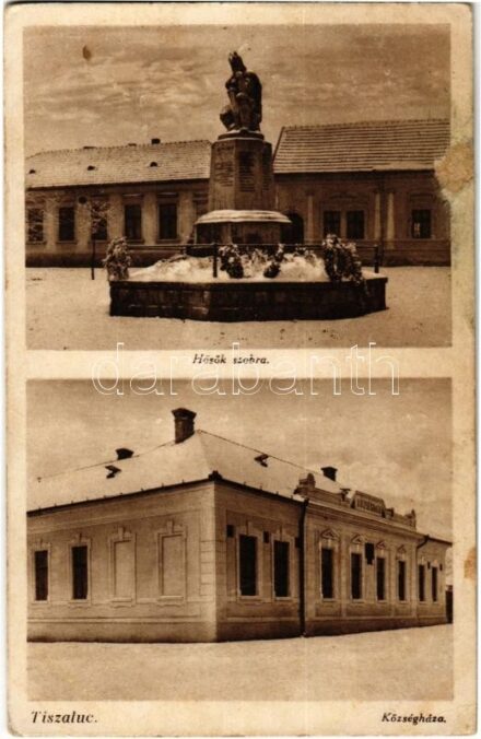 1938 Tiszalúc, Hősök szobra, emlékmű, Községháza télen. Hangya szövetkezet kiadása (felületi sérülés / surface damage)