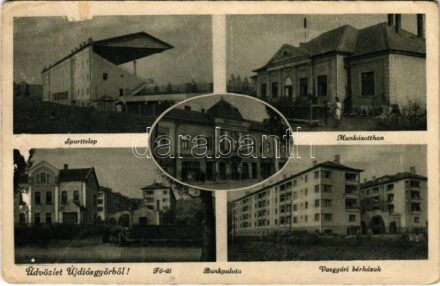 Újdiósgyőr, Diósgyőr (Miskolc); Sporttelep, Munkásotthon, Bankpalota, Takarékpénztár, üzletek, Fő út, Vasgyári bérházak (felületi sérülés / surface damage)