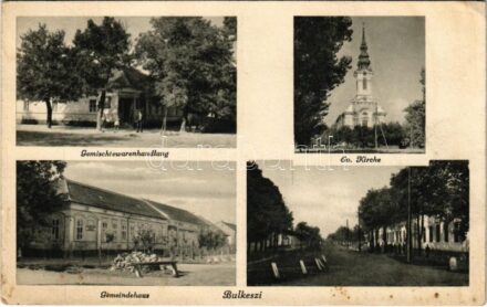Bulkesz, Bulkeszi, Maglic, Backi Maglic; Gemischtwarenhandlung, Ev. Kirche, Gemeindehaus / üzlet, Evangélikus templom, Községháza, utca / shop, Lutheran church, town hall, street view (fl)