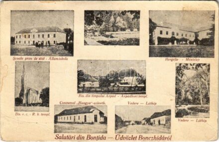 1935 Bonchida, Bontida; Scoala prim. de stat, Biserica r. c., Bis. din timpului Arpad, Hergelie, Vedere, Conzumul 'Hangya' / Állami elemi iskola, Római katolikus templom, Árpád-kori templom, Méntelep, látkép, utca, Hangya Szövetkezet