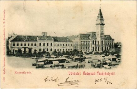 1900 Hódmezővásárhely, Kossuth tér, piac, Városháza, üzletek. Grossmann Benedek kiadása (fl)