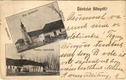 1904 Bőny (Győr), Református templom, lelkészlak, vendéglő, Fantin Testvérek üzlete (EK)