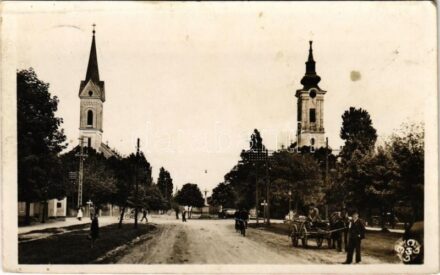 1943 Zsablya, Zabalj; Római katolikus és Görögkeleti (ortodox) templomok, utca, automobil / Catholic church, Orthodox church, street view, automobile (fl)