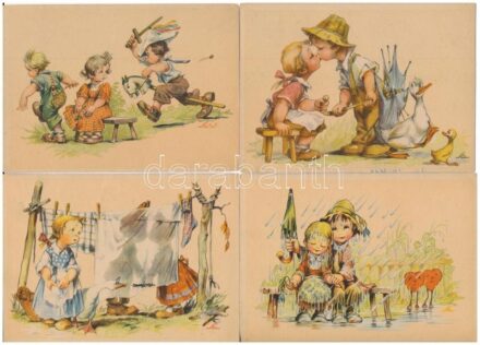4 db MODERN humoros gyerek grafikai motívum képeslap / 4 modern humorous graphic motive postcards with children