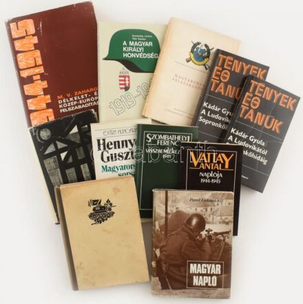 Vegyes II. világháborúval kapcsolatos könyv tétel, 10 db: Csillik Gábor: Budapesten harcoltunk (Magvető, 1964), Tóth Sándor őrnagy: A szovjet hadsereg felszabadító harcai Magyarországon (Zrínyi, 1965), Pavel Luknyickij: Magyar