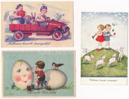 3 db RÉGI húsvéti üdvözlő képeslap / 3 pre-1945 Easter greeting motive postcards