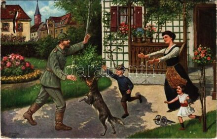 Völkerkrieg 1914-15. Kriegers Heimkehr / WWI German military art postcard, soldier returns home s: Willmann (EK)