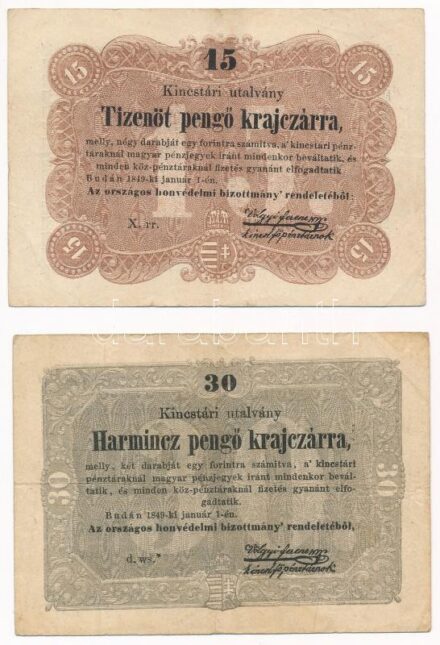 1849. 15kr + 30kr 'Kossuth bankó' T:III Adamo G102, G103