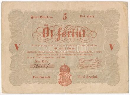 1848. 5Ft 'Kossuth bankó' vörösesbarna '740157' T:III tűlyuk Adamo G109