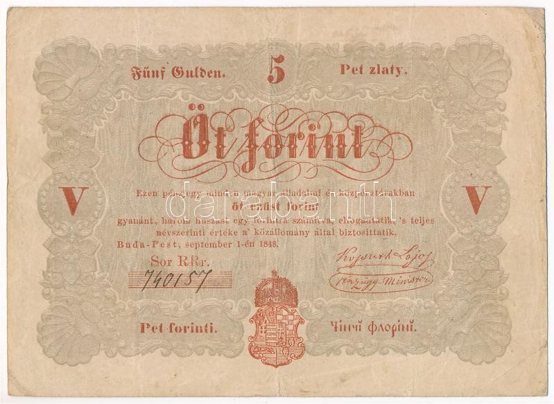 1848. 5Ft 'Kossuth bankó' vörösesbarna '740157' T:III tűlyuk Adamo G109