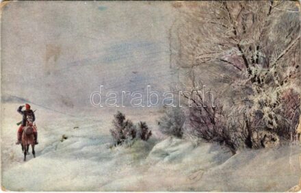 Futár az orosz hadszíntéren magas hóban. Világháború 1914-1916 / Melde-Reiter in tiefem Schnee am russischen Kriegsschauplatz. Weltkrieg 1914-1916 / WWI Austro-Hungarian K.u.K. military, messenger in deep snow (ázott sarok / wet corner)