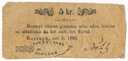 Rozsnyó 1860. 5kr 'Rozsnyó város pénztára, mint adós' T:III-,IV Adamo ROZ-3.1.2