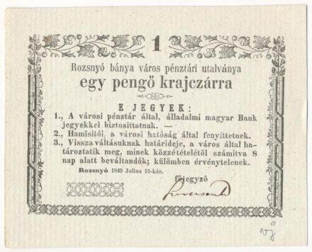 Rozsnyó 1849. július 16. 1kr 'Rozsnyó bánya város pénztári utalványa' T:I- Hungary / Rozsnyó 16.07.1849. 1 Kreuzer 'Rozsnyó bánya város pénztári utalványa (Cashier's Coupon of Mine Town of Roznava)' C:AU Adamo ROZ-1.1