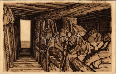 Im Unterstand / WWI German military art postcard. H. Bahlsens Keksfabrik Hannover. Feldpostkarte s: W. Georgi