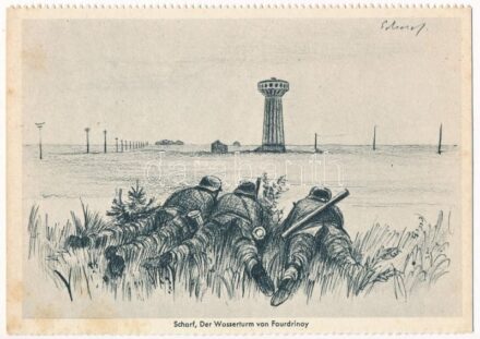 Der Wasserturm von Fourdrinoy. Soldatenkalender 1941 / WWII German military art postcard. Zentral-Verlag der NSDAP (German Nazi Party) s: Scharf (fl)