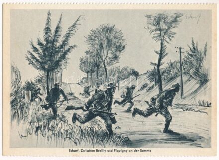 Zwischen Breilly und Piquigny an der Somme. Soldatenkalender 1941 / WWII German military art postcard. Zentral-Verlag der NSDAP (German Nazi Party) s: Scharf (fl)