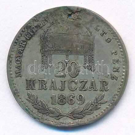 1869KB 20kr Ag 'Magyar Királyi Váltó Pénz' T:2- patina, lyuk Adamo M11.1