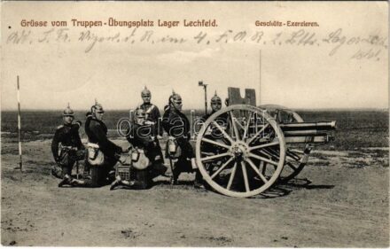 1909 Grüsse vom Truppen-Übungsplatz Lager Lechfeld. Geschütz-Exerzieren / German military training grounds, artillery exercise (EK)