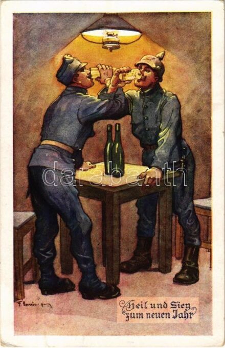 1914 Heil und Sieg zum neuen Jahr! / WWI German and Austro-Hungarian K.u.K. military art postcard with New Year greeting, Viribus Unitis propaganda s: F. Gareis (EK)