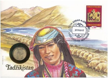 Tadzsikisztán felbélyegzett borítékban, bélyegzéssel, német nyelvű tájékoztatóval, benne Oroszország 1992. 5R acél T:2 patina Tajikistan in envelope with stamp, cancellation and a prospectus in german, in it Russia 1992. 5 Rubles