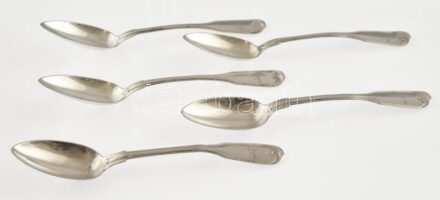 Ezüst (Ag) teáskanál, 5db, vésett monogrammal, jelzett, nettó:70g, h:15cm