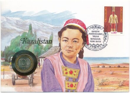 Kazahsztán felbélyegzett borítékban, bélyegzéssel, német nyelvű tájékoztatóval, benne Oroszország 1992. 100R bimetál T:1- patina Kazakhstan in envelope with stamp, cancellation and a prospectus in german, in it Russia 1992. 100 Rubles