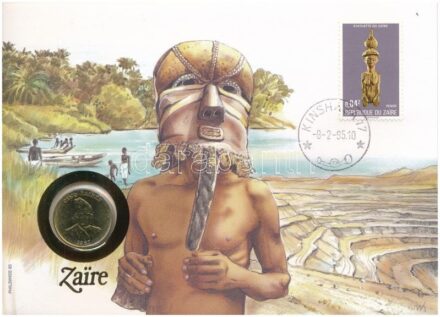 Zaire 1987. 5Z felbélyegzett borítékban, bélyegzéssel, német nyelvű tájékoztatóval T:2 patina, kis karc Zaire 1987. 5 Zaires in envelope with stamp, cancellation and a prospectus in german C:XF patina, small scratch