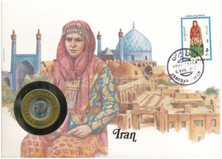 Irán 1972. 1R Cu-Ni 'Mohammad Reza' réz 'Republica Islamica Iran' gyűrűbe foglalva felbélyegzett borítékban, bélyegzéssel, német nyelvű tájékoztatóval T:2 patina, karc Iran 1972. 1 Rial Cu-Ni 'Mohammad Reza' in a 'Republica Islamica