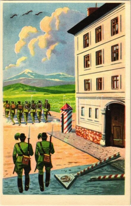 Magyar biztonság. Ketten jöttek egy század helyébe. Kiadja az Ereklyés Országzászló Nagybizottsága / Hungarian irredenta propaganda art postcard, Treaty of Trianon