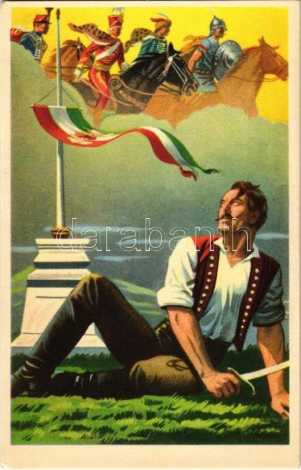 Az ősi erény jogán mindenkor feltámadt újra Magyarország. Kiadja az Ereklyés Országzászló Nagybizottsága / Hungarian irredenta propaganda art postcard, Treaty of Trianon (EK)