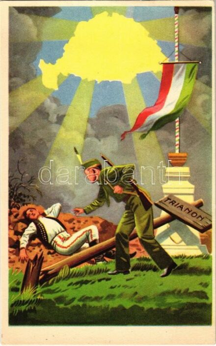 Ébreszt a magyar jövő. Kiadja az Ereklyés Országzászló Nagybizottsága / Hungarian irredenta propaganda art postcard, Treaty of Trianon (EK)