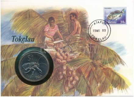Tokelau 1980. 1$ / 1T Cu-Ni felbélyegzett borítékban, bélyegzéssel, német nyelvű tájékoztatóval T:1 patina Tokelau 1980. 1 Dollar / 1 Tala Cu-Ni in envelope with stamp, cancellation and a prospectus in german C:UNC patina