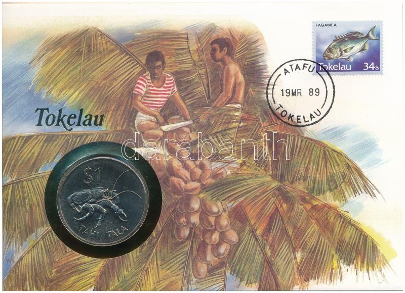 Tokelau 1980. 1$ / 1T Cu-Ni felbélyegzett borítékban, bélyegzéssel, német nyelvű tájékoztatóval T:1 patina Tokelau 1980. 1 Dollar / 1 Tala Cu-Ni in envelope with stamp, cancellation and a prospectus in german C:UNC patina