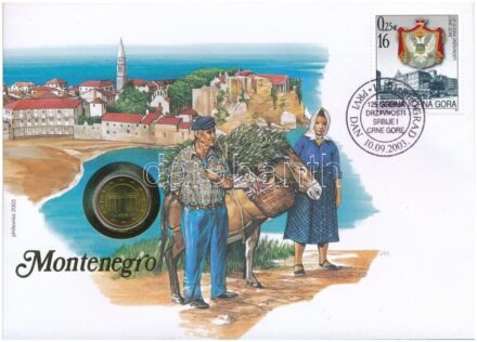 Montenegró 2002. 10c Cu-Ni 'Brandenburgi Kapu' felbélyegzett borítékban, bélyegzéssel, német nyelvű tájékoztatóval T:1- Montenegro 2002. 10 Euro Cent Cu-Ni 'The Brandenburg Gate' in envelope with stamp, cancellation and a prospectus in