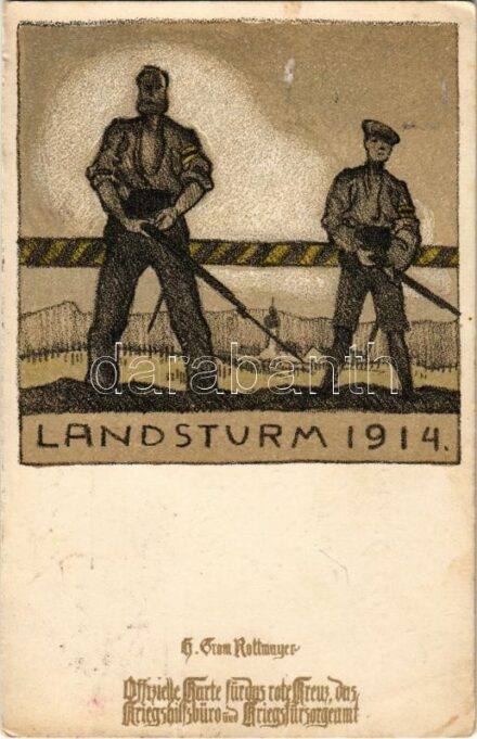 1918 Landsturm 1914. Offizielle Karte für das Rote Kreuz, Kriegshilfsbüro, Kriegsfürsorgeamt. Druck Alb. Berger / WWI Austro-Hungarian K.u.K. military art postcard, Red Cross suport fund s: Rottmayer (EK)