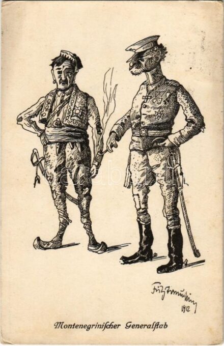 1915 Montenegrinischer Generalstab / WWI Austro-Hungarian K.u.K. military art postcard, Montenegrin officers. artist signed (EK)