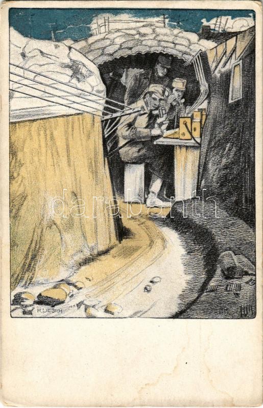 Das Reinerträgnis fließt dem Witwen- und Waisenfond des Tel. Rgts. zu / WWI Austro-Hungarian K.u.K. military art postcard, field telegraph and telephone station s: H. Liebich (EK)