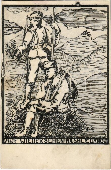 Auf Wiedersehen! / Na shledanou! / WWI Austro-Hungarian K.u.K. military art postcard (vágott / cut)