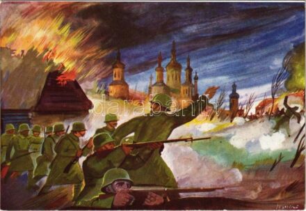 Birta Pál árkászszakasz-anyagkezelő tisztes utcai harcban járórével két ellenséges csoportot semmisített meg / WWII Hungarian military art postcard s: Jeges Ernő + 'Haditudósító Kiállítás a Pesti Vigadóban május 2-20-ig 1943 V.