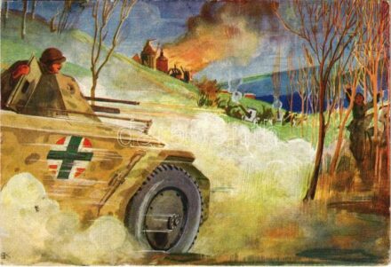 Keresztes Gyula hadnagy, páncélos szakaszparancsnok, vakmerő támadással szovjet-lövegeket és ellenséges gyalogságot tett ártalmatlanná / WWII Hungarian military art postcard + 'Haditudósító Kiállítás Győr június 12-20. 1943 VI.
