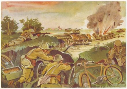 Pardi József tizedes, páncéltörő-ágyús rajparancsnok, kerékpárosok segítségével három ellenséges harckocsit tett ártalmatlanná / WWII Hungarian military art postcard + 'Haditudósító Kiállítás Nagyvárad 1943' So. Stpl.