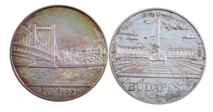 Lebó Ferenc (1960-) 1992. 'Hungarian Telecommunications Company Limited / Budapest Lánchíd' + 'Europa Telecom, 1992.október 12-17 / Hősök Tere' Ag emlékérem pár sérült dísztokban (31,28g és 31,27g/0.925/42,5mm) T:1- (eredetileg PP),