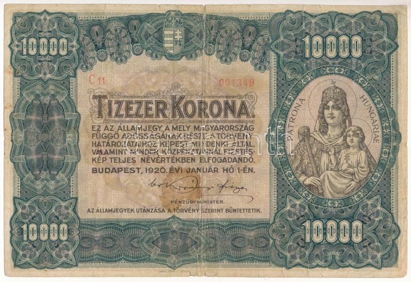 1920. 10.000K 'Orell Füssli Zürich' piros sorozat- és sorszámmal 'C11 001349' T:III- / Hungary 1920. 10.000 Korona 'Orell Füssli Zürich' with red series and serial number 'C11 001349' C:VG Adamo K41