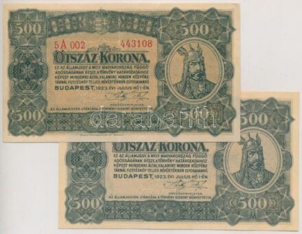 1923. 500K '5A 002 443108' 'Magyar Pénzjegynyomda Rt. Budapest' nyomdahely jelöléssel + 1923. 500K '5A 012 042267' nyomdahely jelölés nélkül T:II Adamo K34