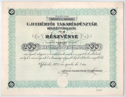 Újfehértó 1927. 'Újfehértói Takarékpénztár Részvénytársaság' tíz részvénye egyben, összesen 200P-ről, szelvényekkel és szárazpecséttel T:I-